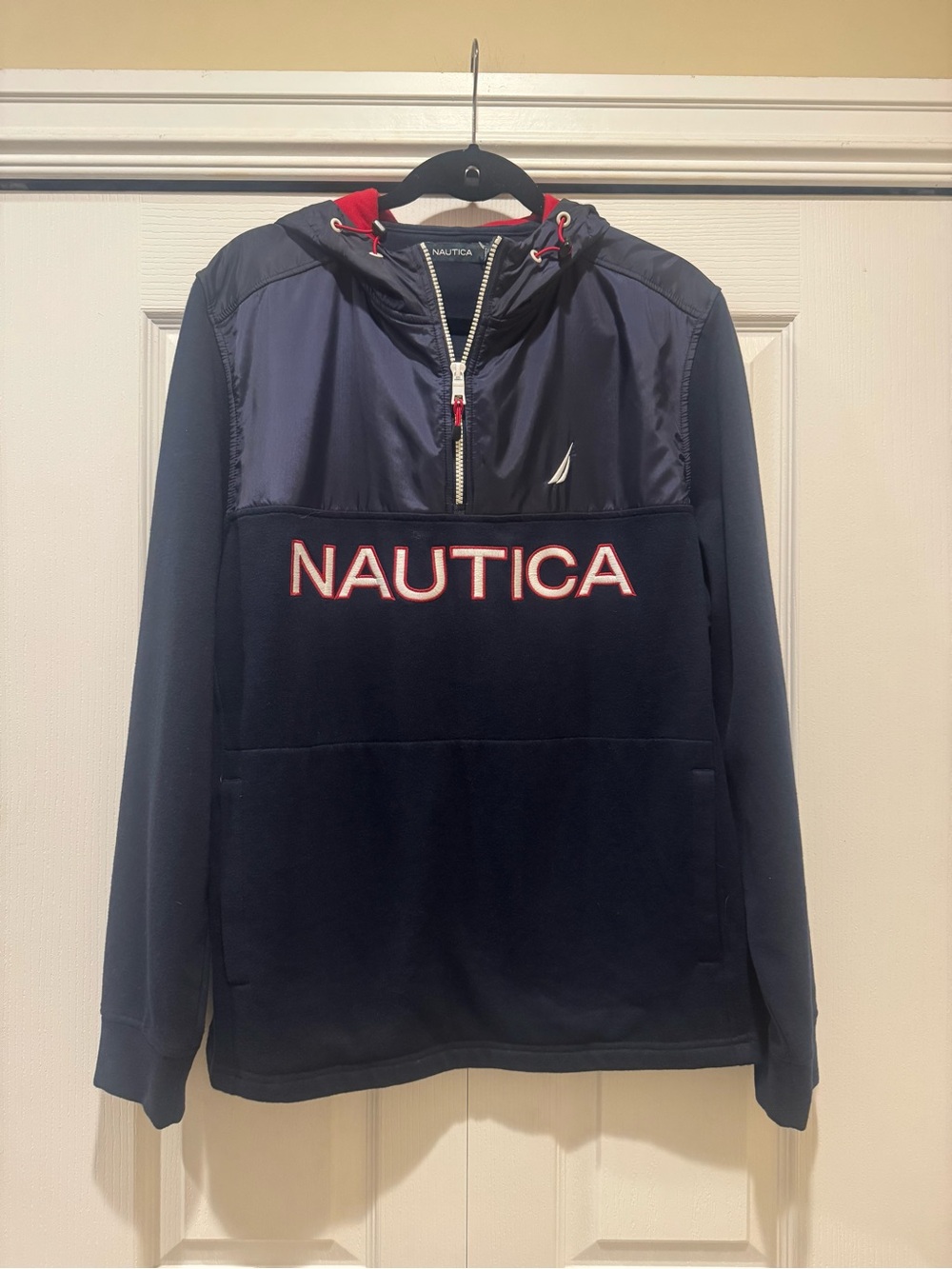 Nautica Navy and Red Half-Zip Hooded Pullover- Mens Large. Like new!